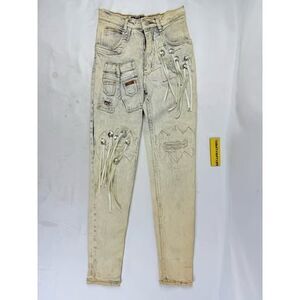 Vintage 90s Acid Stonewashed Jeans Speed Denim Sz 3/4 Frayed Patch Stretch 80s